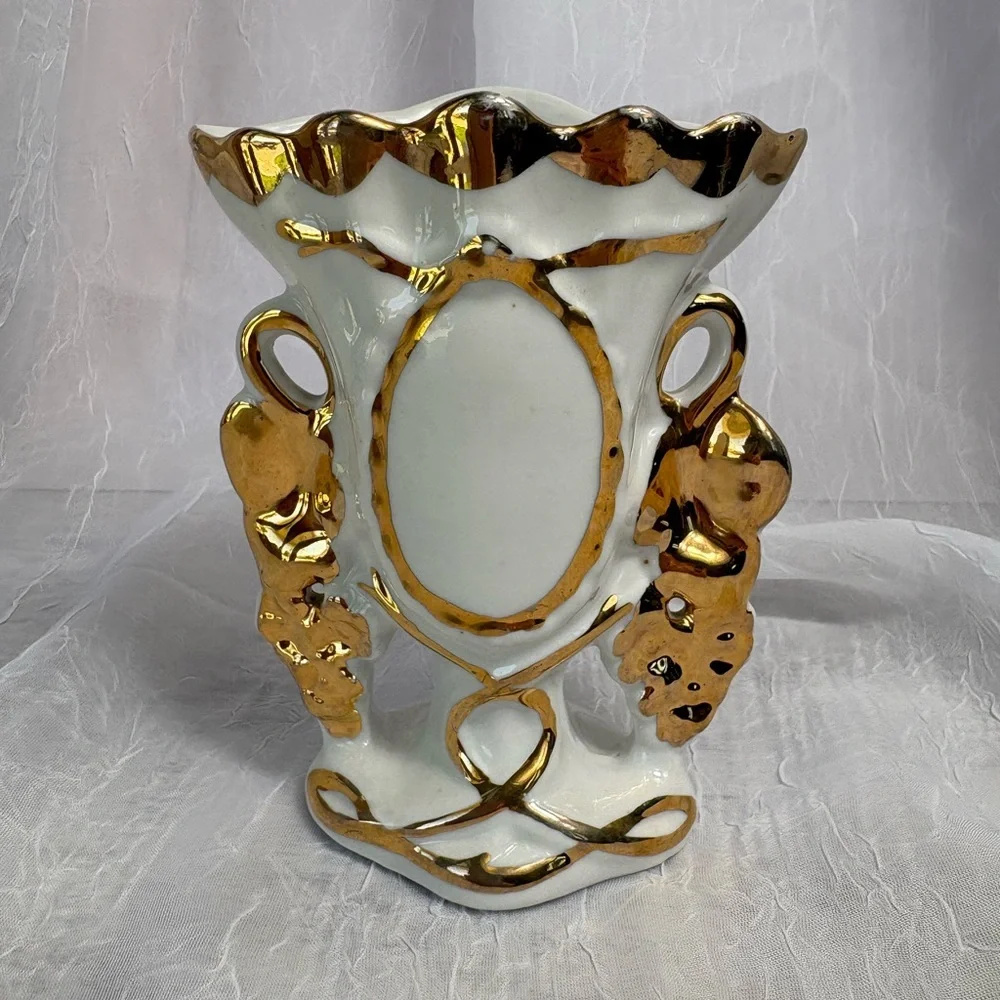 Antique Belgian White and Gold Porcelain Spill Vase-Preowned, No Chips or Cracks